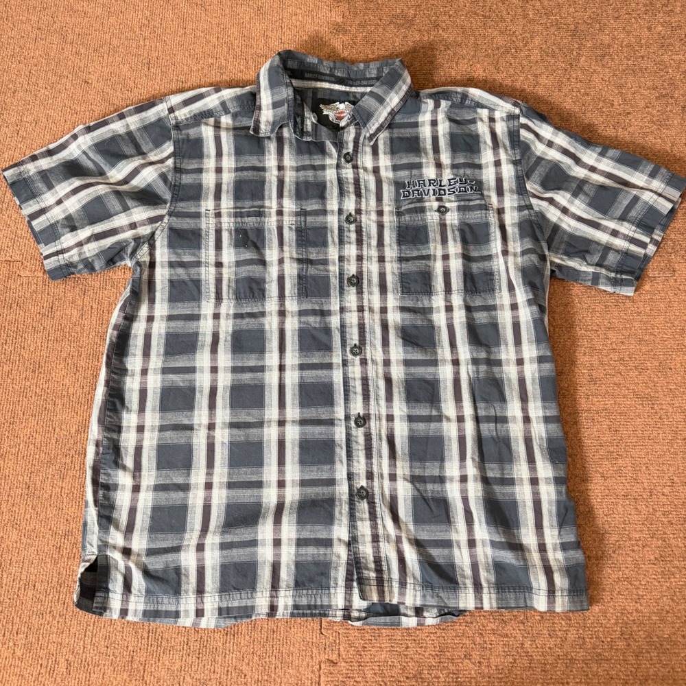Harley-Davidson Mens Large Grey Plaid Short Sleeve Button Up Embroidered Shirt